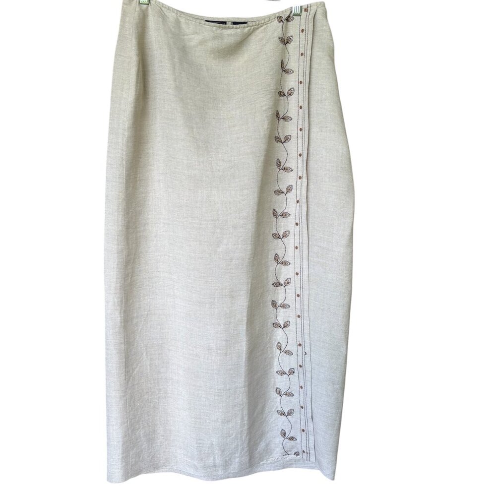 Karen Scott Natural Beige Embroidered Linen Blend Midi Minimalist Skirt‎ Size 12